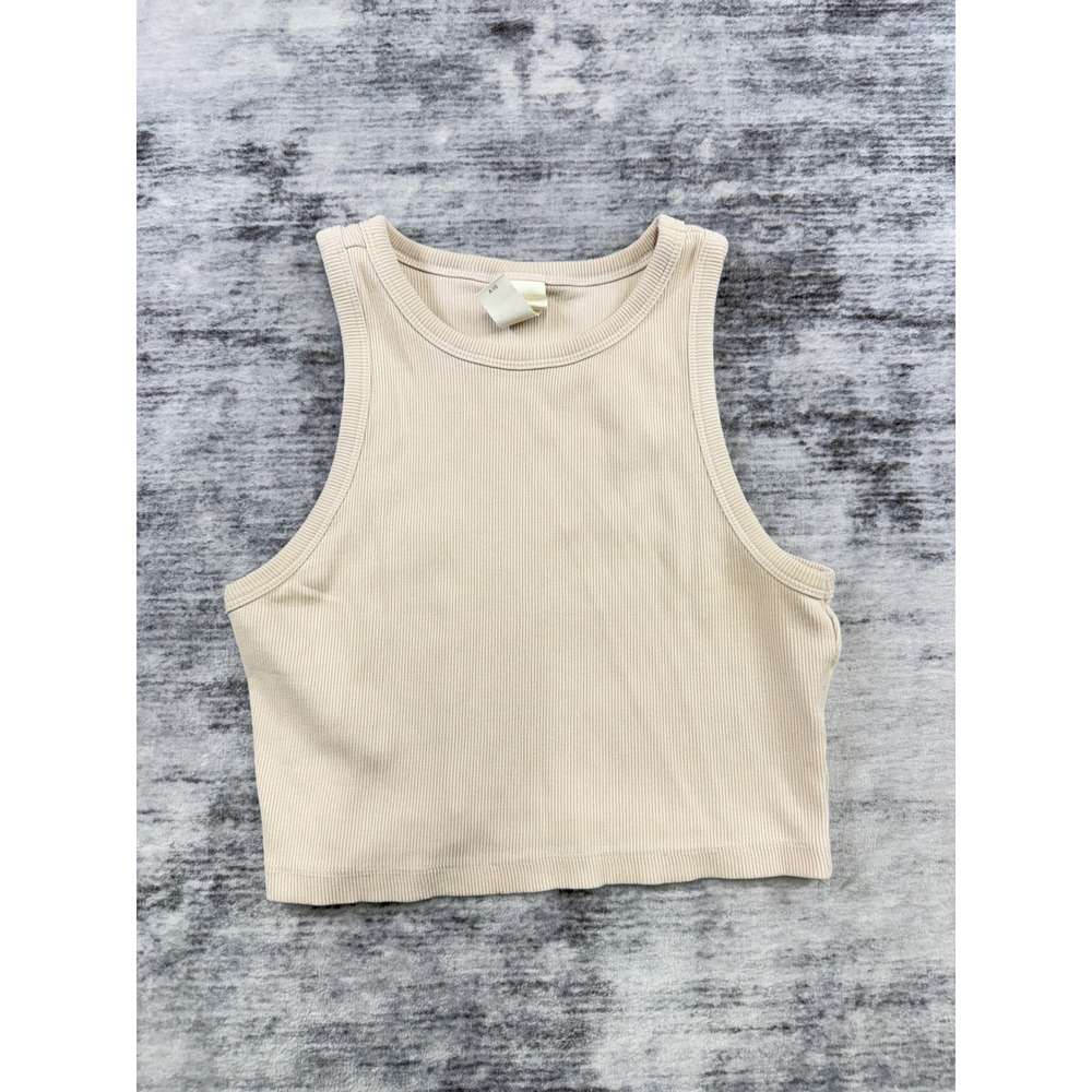 HM Womens Ribbed Knit Cropped Tank Top Beige Crew Neck Sleeveless Size M